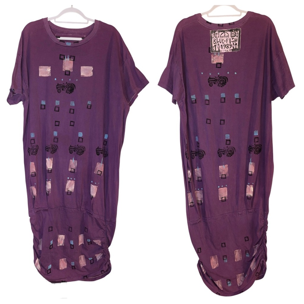 Blue Fish Rare Oversized‎ Maxi Dress Side Ruching Blouson Artwear Purple 1989